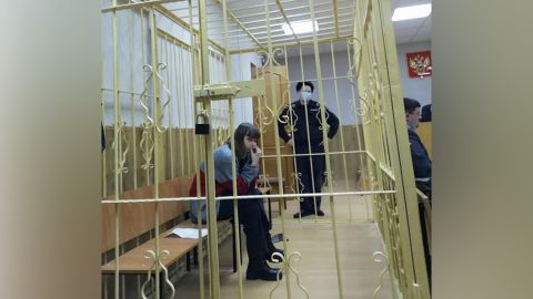 Olesya Krivtsova, pictured at a court hearing, is now under house arrest in her mother's apartment.